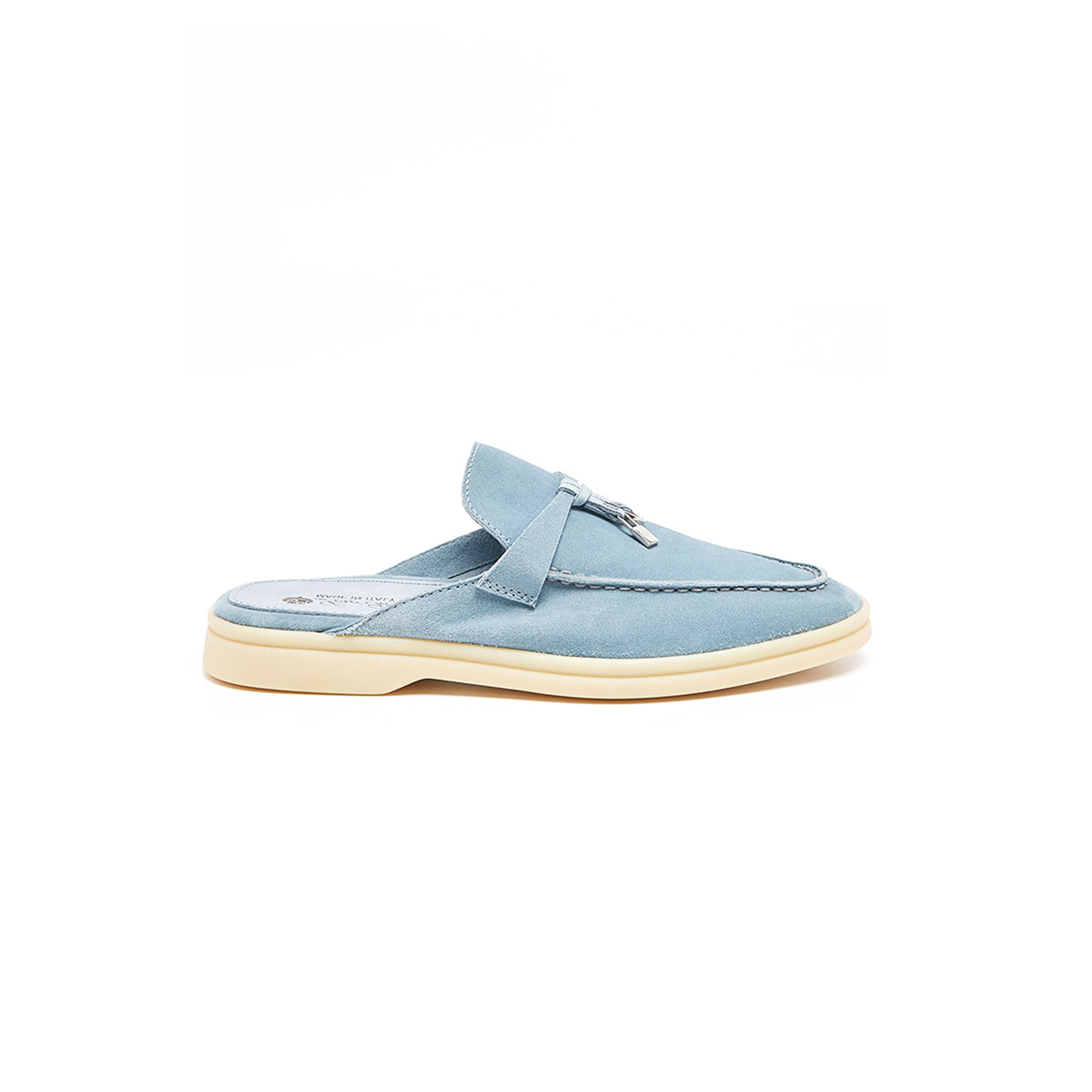 LORO PIANA BLUE SUEDE SUMMER CHARMS WALK MULES 